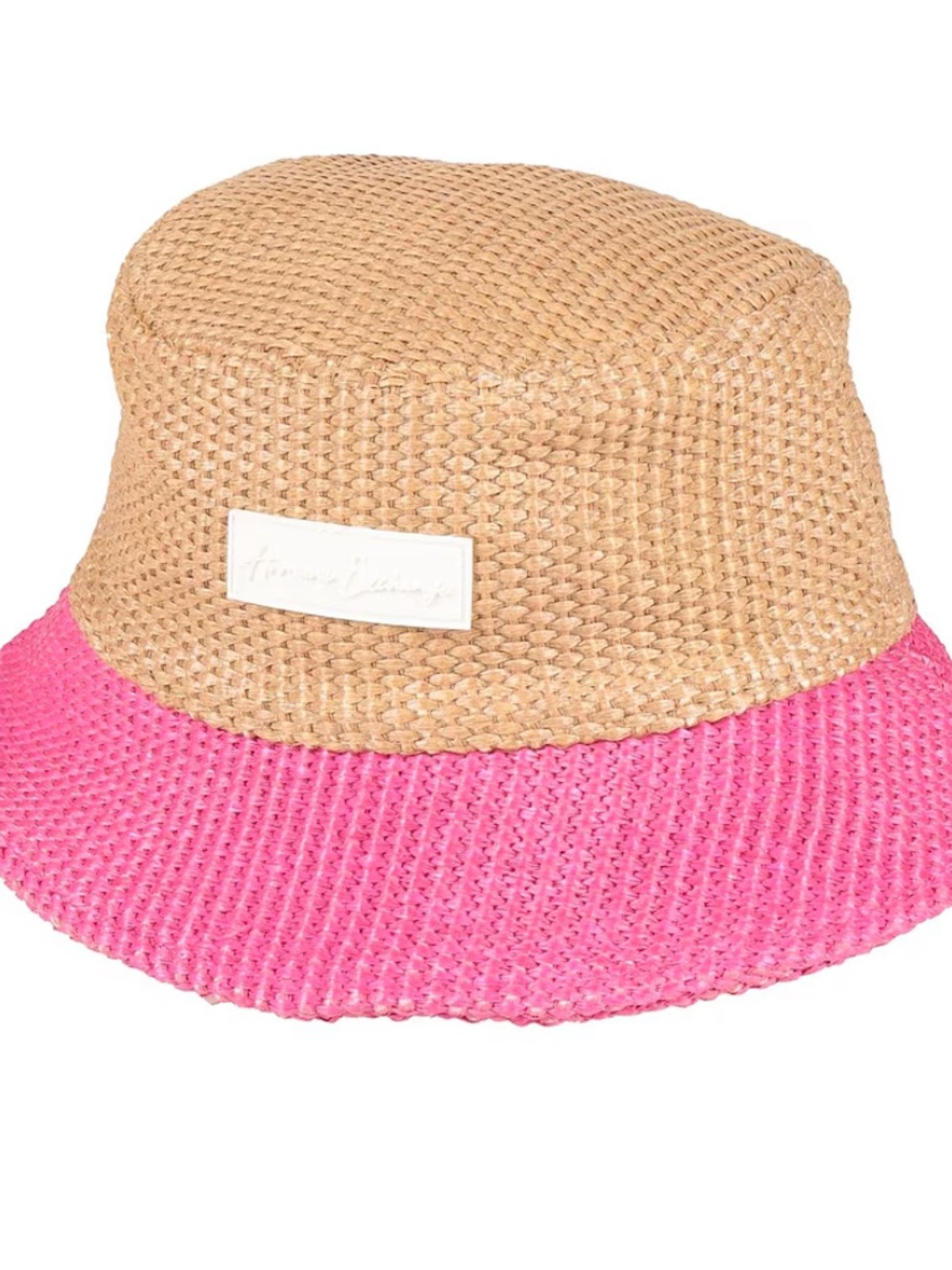 Armani Exchange Two-Tone Straw Bucket Hat in Tan & Bright Pink